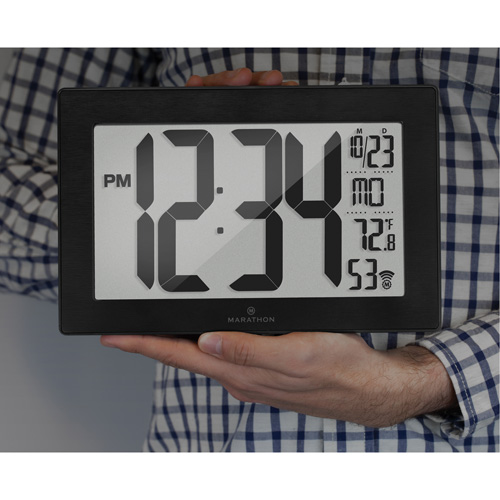 Self-Setting & Self-Adjusting Wall Clock with Stand, Digital, Battery Operated, Black Equipex