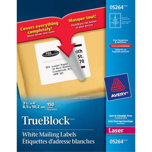 &eacute;tiquettes d'exp&eacute;dition au laser TrueBlock, 3-1/3" la x 4" la x Blanc Equipex
