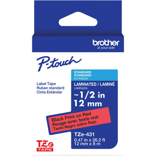 Ruban lamin&eacute; TZe-431 pour &eacute;tiqueteuses P-Touch compatibles avec les rubans TZe, 12 mm x 8 m, Noir/rouge Equipex