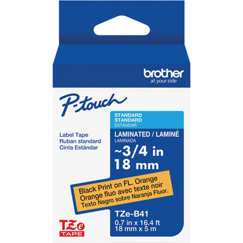 TZe-B41 Laminated Tape for TZe-Compatible P-Touch Label Makers, Black on Fluorescent Orange, 0.7" Width Equipex
