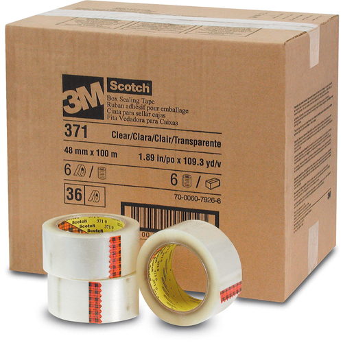 Scotch&reg; Box Sealing Tapes 371, Hot Melt Adhesive, 2 mils, 48 mm (1-22/25") x 100 m (328') Equipex
