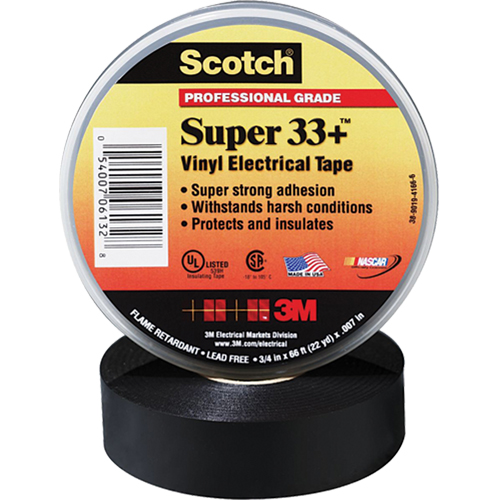 Scotch&reg; Super 33 Tape, 19 mm (3/4") x 20.1 m (66'), Black, 7 mils Equipex