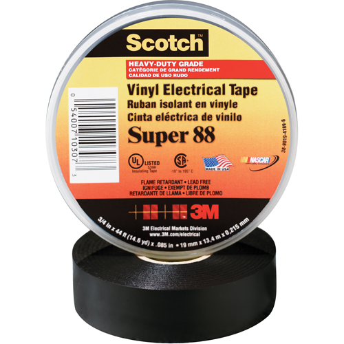 Scotch&reg; Super 88 Tape, 19 mm (3/4") x 20.1 m (66'), Black, 8.5 mils Equipex