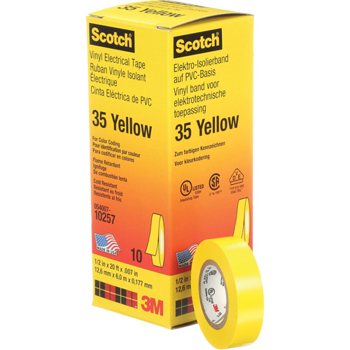 Rubans en vinyle pour codage en couleurs 35 Scotch, 12,7 mm (1/2") x 6,1 m (20'), Jaune, 7 mils Equipex