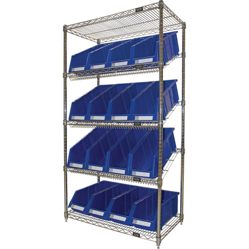 &eacute;tag&egrave;re en treillis m&eacute;tallique &agrave; tablettes inclin&eacute;es avec bacs, Tiers 5, 36" la x 63" h x 18" p Equipex