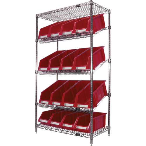 &eacute;tag&egrave;re en treillis m&eacute;tallique &agrave; tablettes inclin&eacute;es avec bacs, Tiers 5, 36" la x 63" h x 18" p Equipex