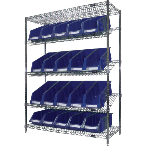&eacute;tag&egrave;re en treillis m&eacute;tallique &agrave; tablettes inclin&eacute;es avec bacs, Tiers 5, 48" la x 63" h x 18" p Equipex