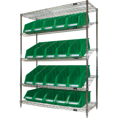 Slanted Wire Shelf with Bins, 5 Tiers, 48" W x 63" H x 18" D Equipex