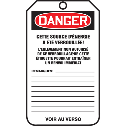 &eacute;tiquettes de verrouillage, Papier cartonn&eacute;, 3-1/8" la x 5-7/8" h, Français Equipex