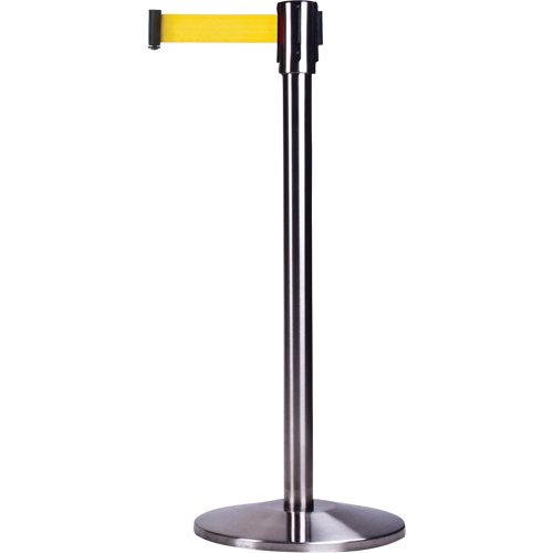 Barri&egrave;res sur pieds pour le contr&ocirc;le des foules, Acier, 35" h, Ruban Jaune, Longueur du ruban 12' Equipex