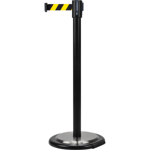 Barri&egrave;res sur pieds pour le contr&ocirc;le des foules, Acier, 35" h, Ruban Noir/Jaune, Longueur du ruban 7' Equipex