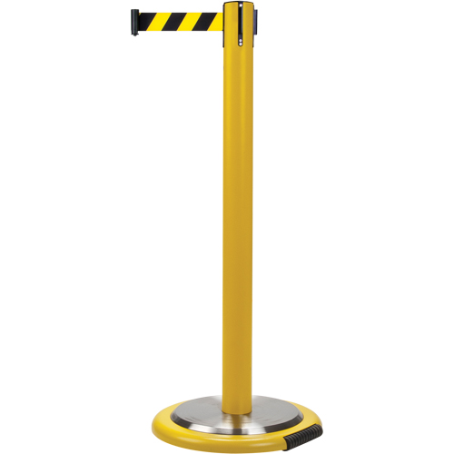 Free-Standing Crowd Control Barrier, Steel, 35" H, Black/Yellow Tape, 7' Tape Length Equipex