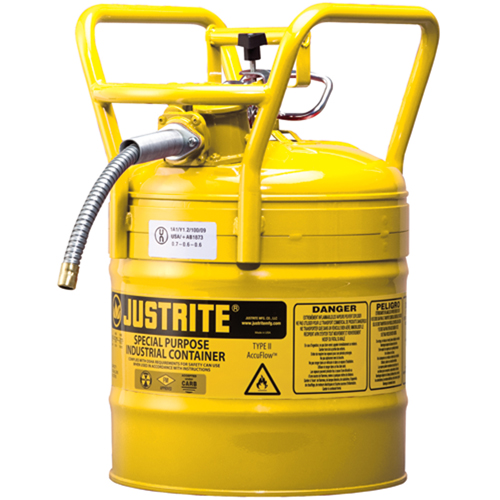Bidons s&eacute;curitaires D.O.T. de AccuFlow, Type II, Acier, 5 gal. US, Jaune, Homologu&eacute; FM Equipex