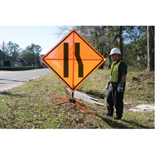 Tilt-Adjust Merge Left Roll-Up Construction Sign, 36" x 36", Vinyl, Pictogram Equipex