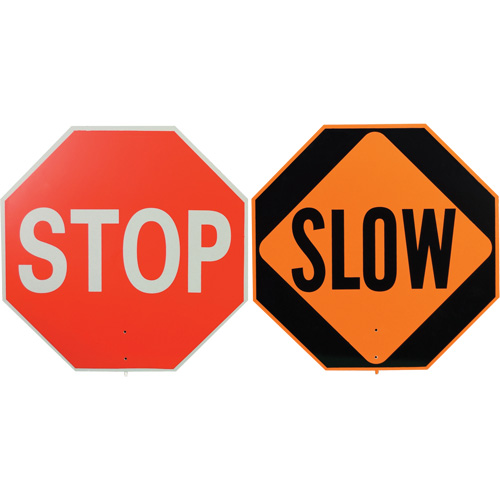 Panneau de signalisation &agrave; deux c&ocirc;t&eacute;s  Stop/Slow , 18" x 18", Plastique, Anglais avec pictogramme Equipex