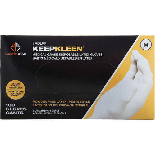 Gants jetables de calibre examen m&eacute;dical KeepKleen, Grand, Latex, 5 mils, Sans poudre, Blanc, Classe 2 Equipex