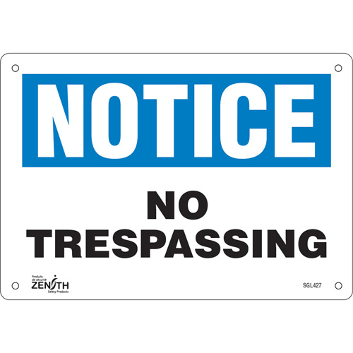 "No Trespassing" Sign, 7" x 10", Aluminum, English Equipex