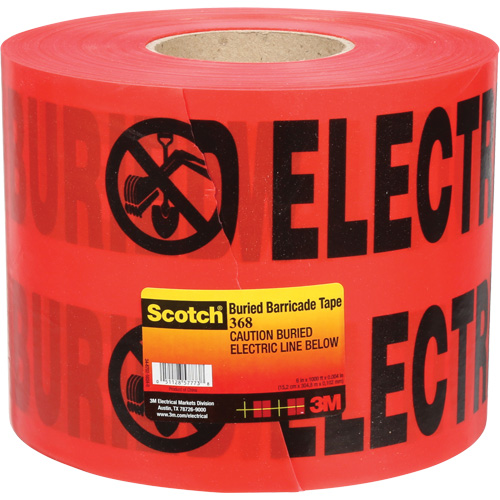 Ruban pour barri&egrave;res pour services publics souterrains Scotch, Anglais, 6" la x 1000' lo, 4 mils, Noir/rouge Equipex