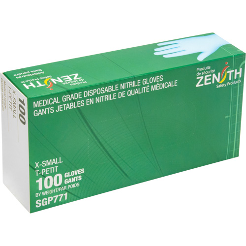Gants jetables de calibre m&eacute;dical r&eacute;sistants &agrave; la perforation, T-petit, Nitrile, 4,5 mils, Sans poudre, Bleu, Classe 2 Equipex