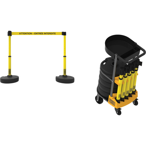 Syst&egrave;me de barri&egrave;re &agrave; chariot portatif avec plateau Plus, 75' lo, M&eacute;tal/Plastique, Jaune Equipex