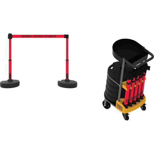 Syst&egrave;me de barri&egrave;re &agrave; chariot portatif avec plateau Plus, 75' lo, M&eacute;tal/Plastique, Rouge Equipex