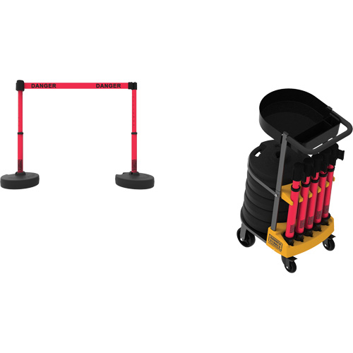 Syst&egrave;me de barri&egrave;re &agrave; chariot portatif avec plateau Plus, 75' lo, M&eacute;tal/Plastique, Rouge Equipex