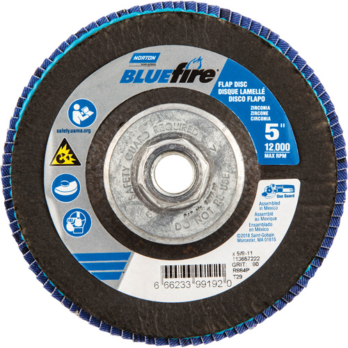 BlueFire&reg; Flap Disc, 5" x 5/8"-11, Type 29, 80 Grit, Zirconia Alumina Equipex