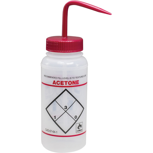 Bouteille de rinsage &agrave; grande ouverture avec &eacute;tiquette de s&eacute;curit&eacute; "Acetone", 16 oz Equipex