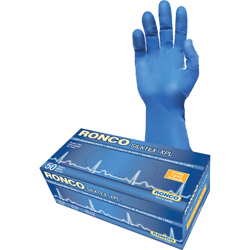 Gant d'examen extra long SilkTex XPL, T-Grand, Latex, 13 mils, Sans poudre, Bleu, Classe 2 Equipex