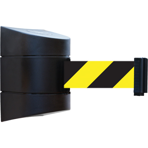 Tensabarrier&reg; Wall Unit, Steel, Screw Mount, 30', Black and Yellow Tape Equipex