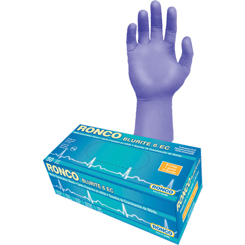 Gants d'examen &agrave; manchette allong&eacute;e Blurite 6 EC, Petit, Nitrile, 6 mils, Sans poudre, Mauve, Classe 2 Equipex