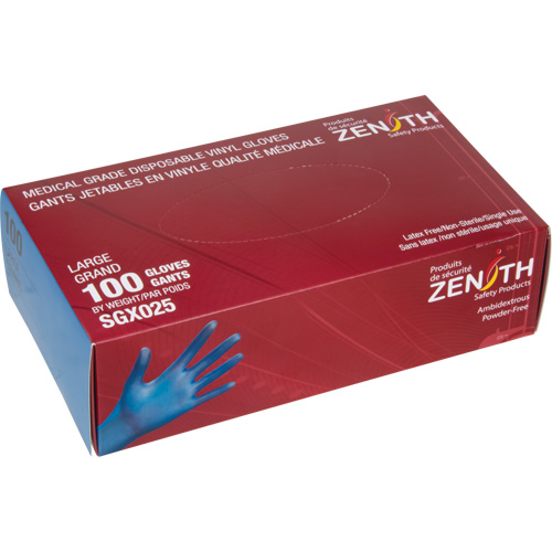 Gants jetables de calibre m&eacute;dical, Moyen, Vinyle, 4,5 mils, Sans poudre, Bleu, Classe 2 Equipex