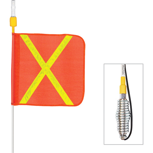 Tiges de s&eacute;curit&eacute; tout-temps de s&eacute;rie lourde avec lumi&egrave;re DEL constante Safety Whip, Fixation Ressort, Hauteur 5', Orange avec X r&eacute;fl&eacute;chissant Equipex