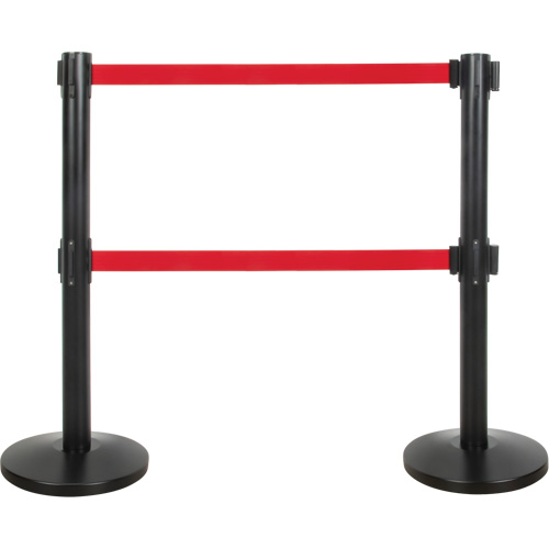 Barri&egrave;re pour le contr&ocirc;le des foules &agrave; courroie double, Acier, 35" h, Ruban Rouge, Longueur du ruban 7' Equipex