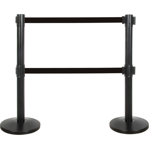 Barri&egrave;re pour le contr&ocirc;le des foules &agrave; courroie double, Acier, 35" h, Ruban Noir, Longueur du ruban 7' Equipex