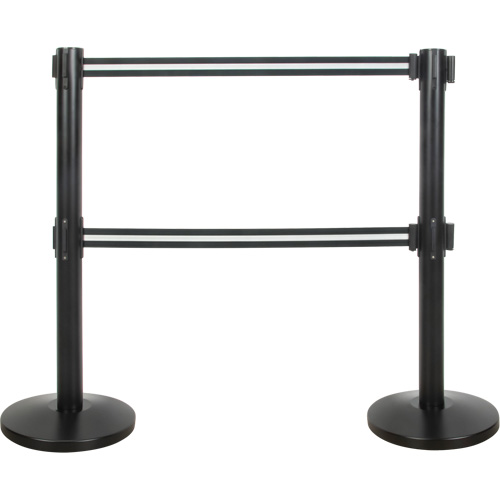 Dual Belt Crowd Control Barrier, Steel, 35" H, Black/White Tape, 7' Tape Length Equipex