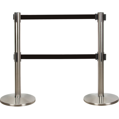 Barri&egrave;re pour le contr&ocirc;le des foules &agrave; courroie double, Acier, 35" h, Ruban Noir, Longueur du ruban 7' Equipex