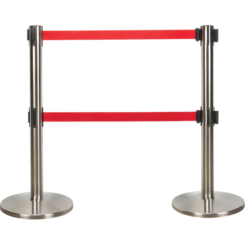 Barri&egrave;re pour le contr&ocirc;le des foules &agrave; courroie double, Acier, 35" h, Ruban Rouge, Longueur du ruban 7' Equipex