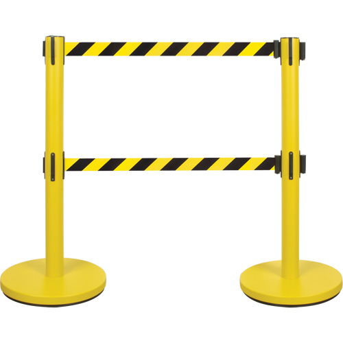 Dual Belt Crowd Control Barrier, Steel, 35" H, Black/Yellow Tape, 7' Tape Length Equipex