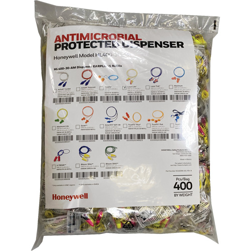 Recharge de bouchons doreille LL-30 pour le distributeur HL400, Vrac - Sac en poly, Avec cordon Equipex