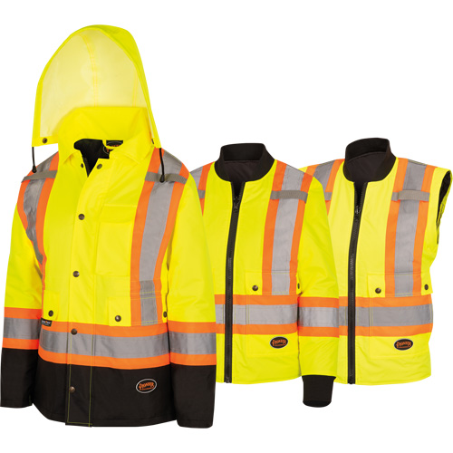 5021BBW Women's  7-in-1 Waterproof Jacket with Hood, Polyester/Polyurethane, High Visibility Lime-Yellow, X-Small Equipex