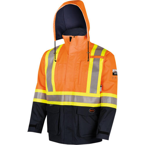 4484 Manteau de s&eacute;curit&eacute; Defender antistatique/ignifuge/anti-arc &eacute;lectrique en trilamin&eacute;, Petit, Noir/Orange haute visibilit&eacute;, 11 cal/cm² Equipex