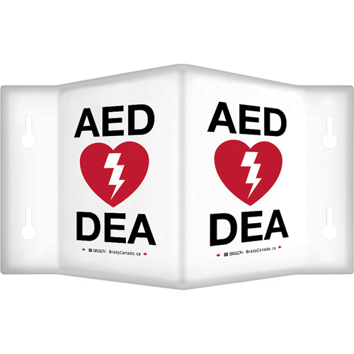 Enseigne &agrave; projection sur 90°  AED/ DEA , 6" x 5", Plastique, Bilingue avec pictogramme Equipex