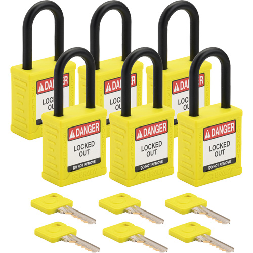Cadenas de verrouillage Velocity, Jaune, Cl&eacute;s diff&eacute;rentes, Nylon, Largeur de 1-1/2" Equipex