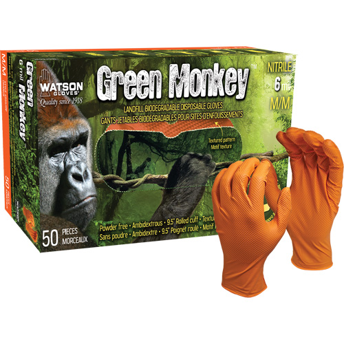 Green Monkey Disposable Gloves, Small, Nitrile, 6-mil, Powder-Free, Orange Equipex