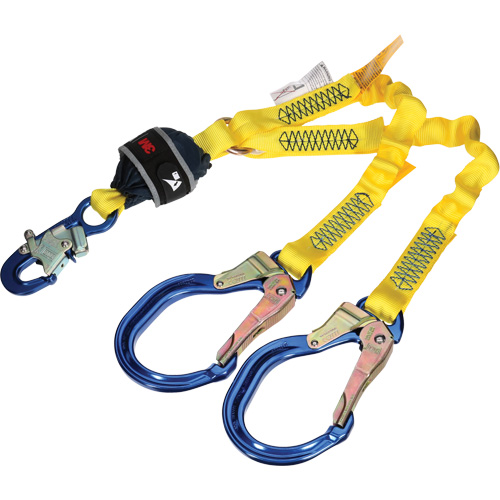 Twin-Leg Stretch Web Shock-Absorbing Lanyard, 4', Rebar Hook Center, Snap Hook Leg Ends Equipex