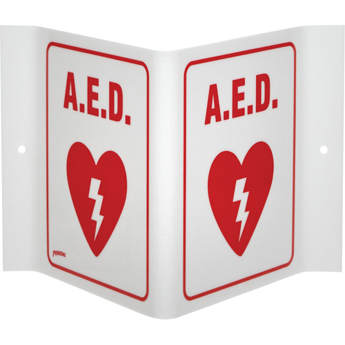 Enseigne "A.E.D." en V, 6" x 9", Acrylique, Anglais avec pictogramme Equipex