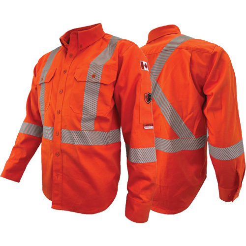 Chandail de travail &agrave; manches longues ignifuge et r&eacute;sistant &agrave; l'arc &eacute;lectrique avec bandes de 2" Atlas Guardian, T-petit, Orange haute visibilit&eacute; Equipex