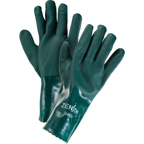 Double Dipped Green Gloves, 12" L, PVC, Cotton Jersey Inner Lining, 70-mil Equipex