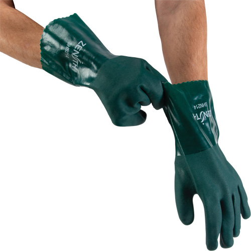 Double Dipped Green Gloves, 12" L, PVC, Cotton Jersey Inner Lining, 70-mil Equipex